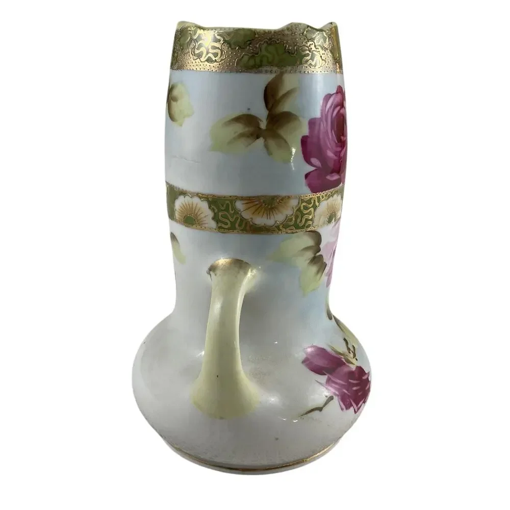 Nippon Vase Jug 2 Handled Hand Painted Pink Rose Green & Gold 8